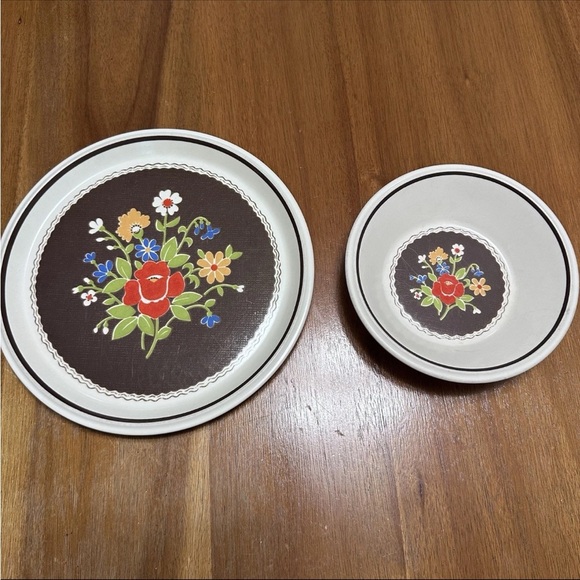 Vintage 1970s Mikasa Int’l Brown Denim Floral 11” Plate And Bowl SET E4803 - Picture 1 of 8